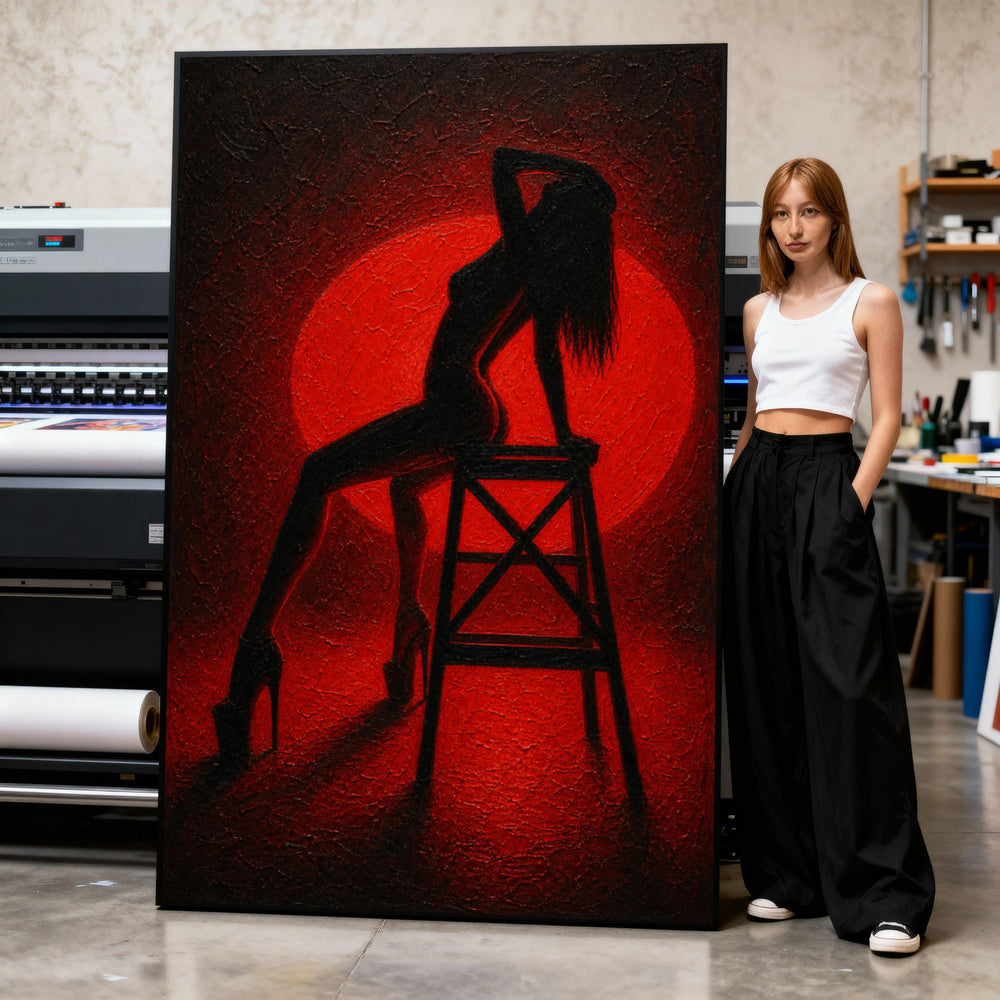 Silhouette of Woman on Stool Canvas, Red Backlight Wall Art, Elegant Female Figure Canvas, Modern Home Decoration, Bold Contrast Print Art