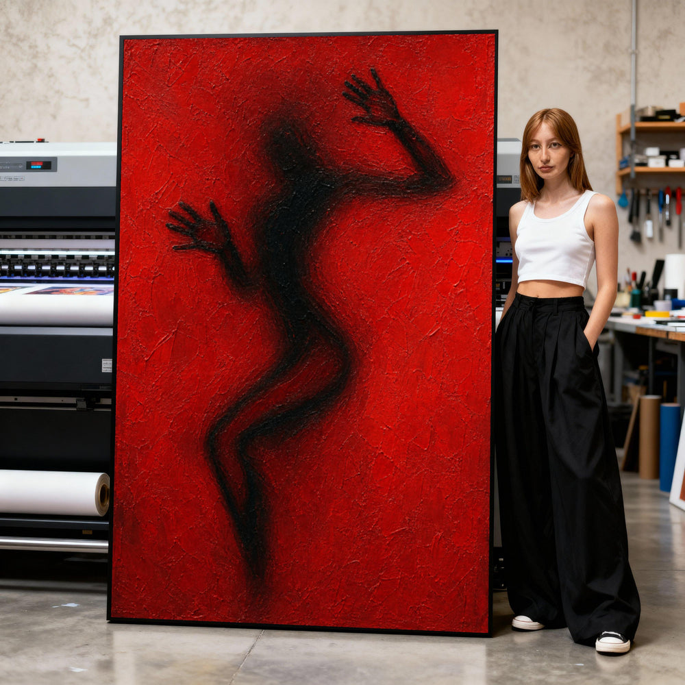 Shadow Silhouette Figure, Abstract Human Shape Canvas, Red Background Wall Art, Modern Expressionist Canvas, Contemporary Home Print Art