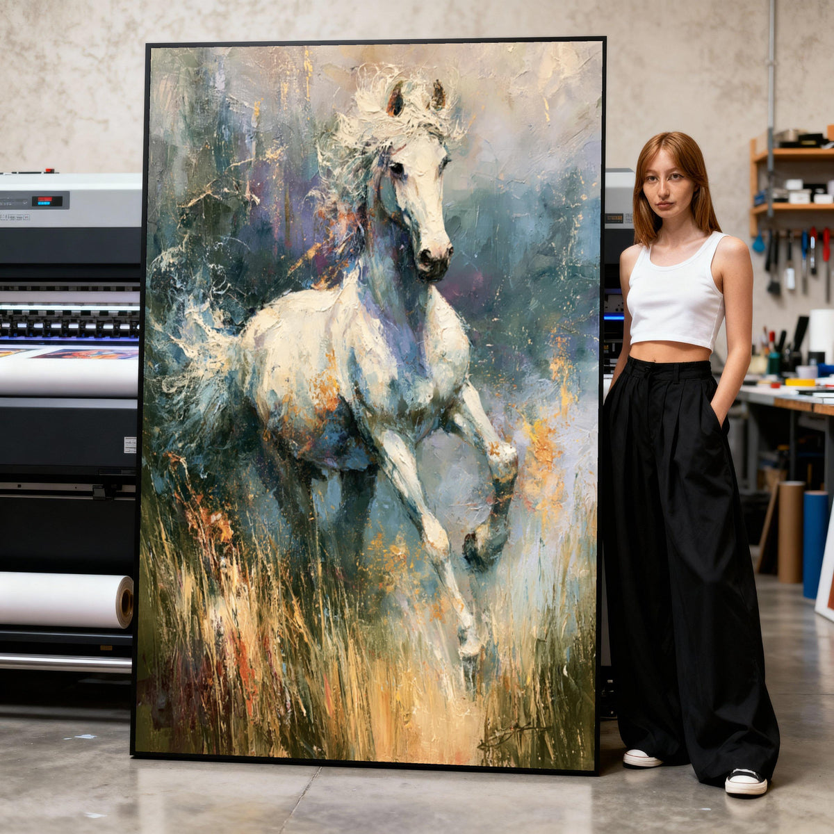 Majestic White Horse Running Canvas, Abstract Equestrian Art, Nature Animal Wall Decoration, Dynamic Landscape Canvas, Home Living Print Art