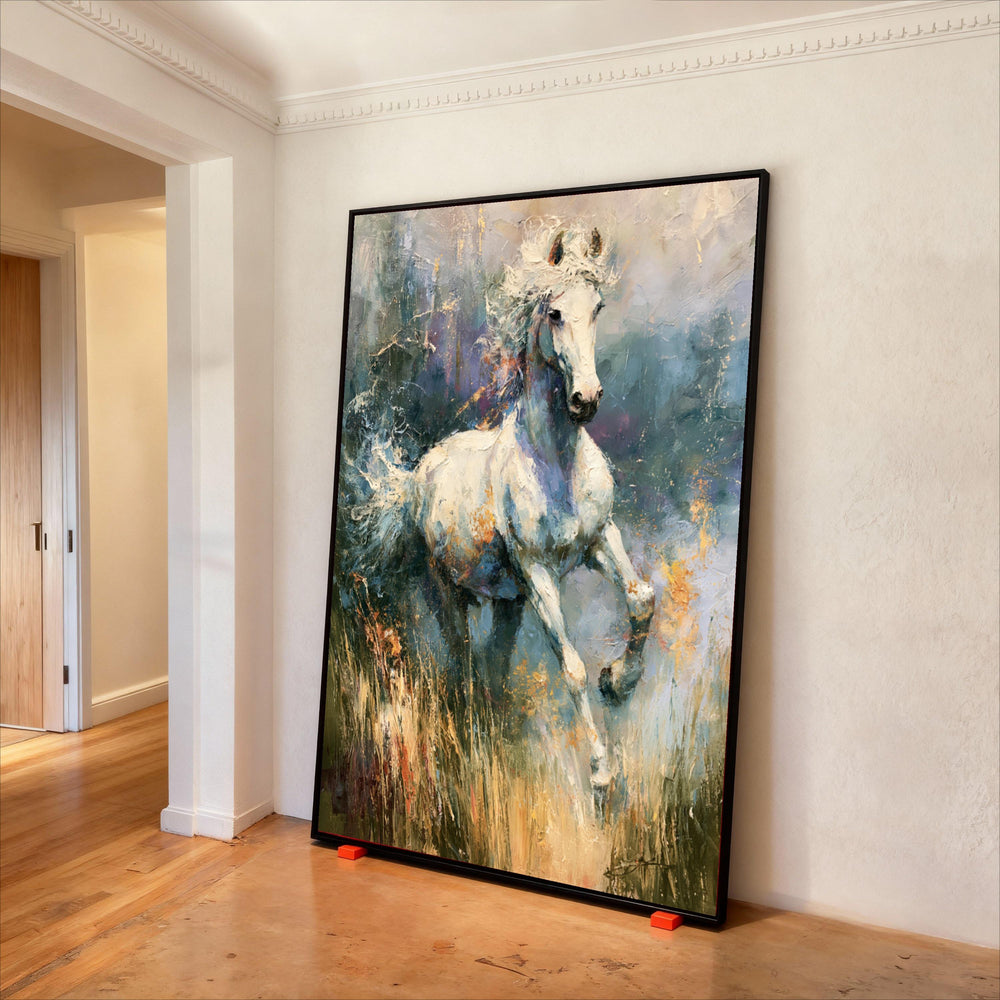 Majestic White Horse Running Canvas, Abstract Equestrian Art, Nature Animal Wall Decoration, Dynamic Landscape Canvas, Home Living Print Art