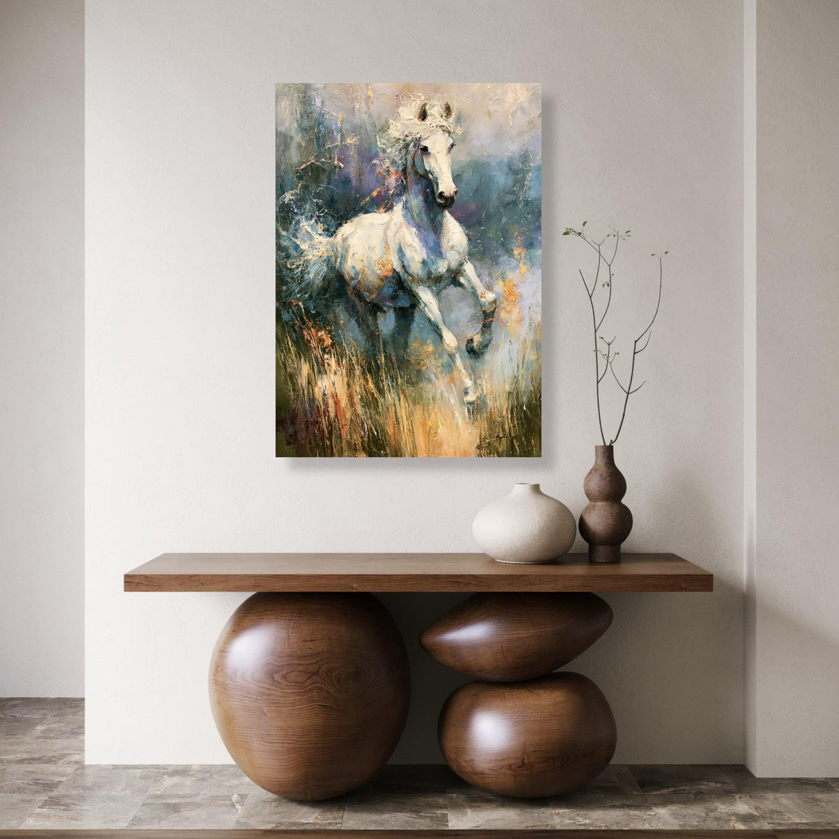 Majestic White Horse Running Canvas, Abstract Equestrian Art, Nature Animal Wall Decoration, Dynamic Landscape Canvas, Home Living Print Art