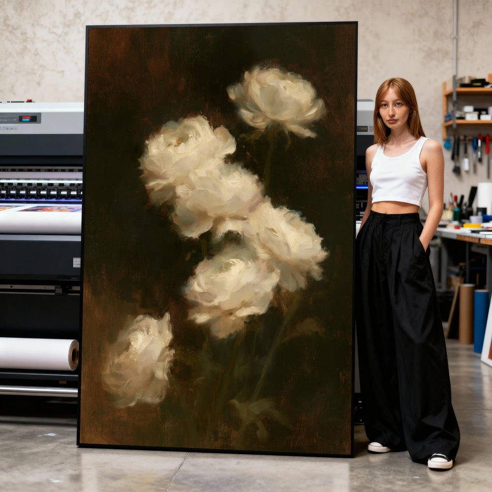 Elegant White Peonies Canvas Wall Art, Vintage Floral Painting, Romantic Flower Decoration, Classic Home Accent, Ready to Hang Print Art
