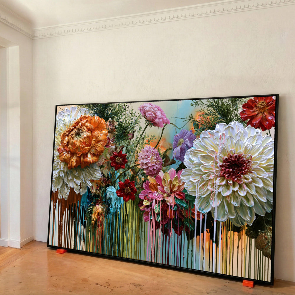 Vibrant Floral Bouquet Canvas, Colorful Flower Art, Dripping Paint Style, Modern Home Wall Decoration, Botanical Canvas Print Print Art