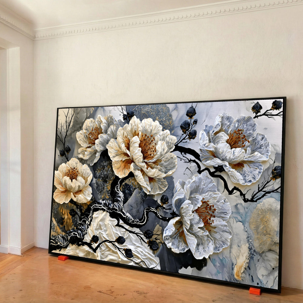Elegant White Peonies Canvas Wall Art, Floral Branch Design, Modern Botanical Print, Home Decor Painting, Nature Blossom Canvas Print Art