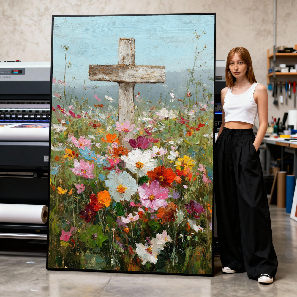 Rustic Wooden Cross Canvas Wall Art, Vibrant Wildflower Meadow Painting, Spiritual Nature Scene, Colorful Floral Canvas Decor, Print Art