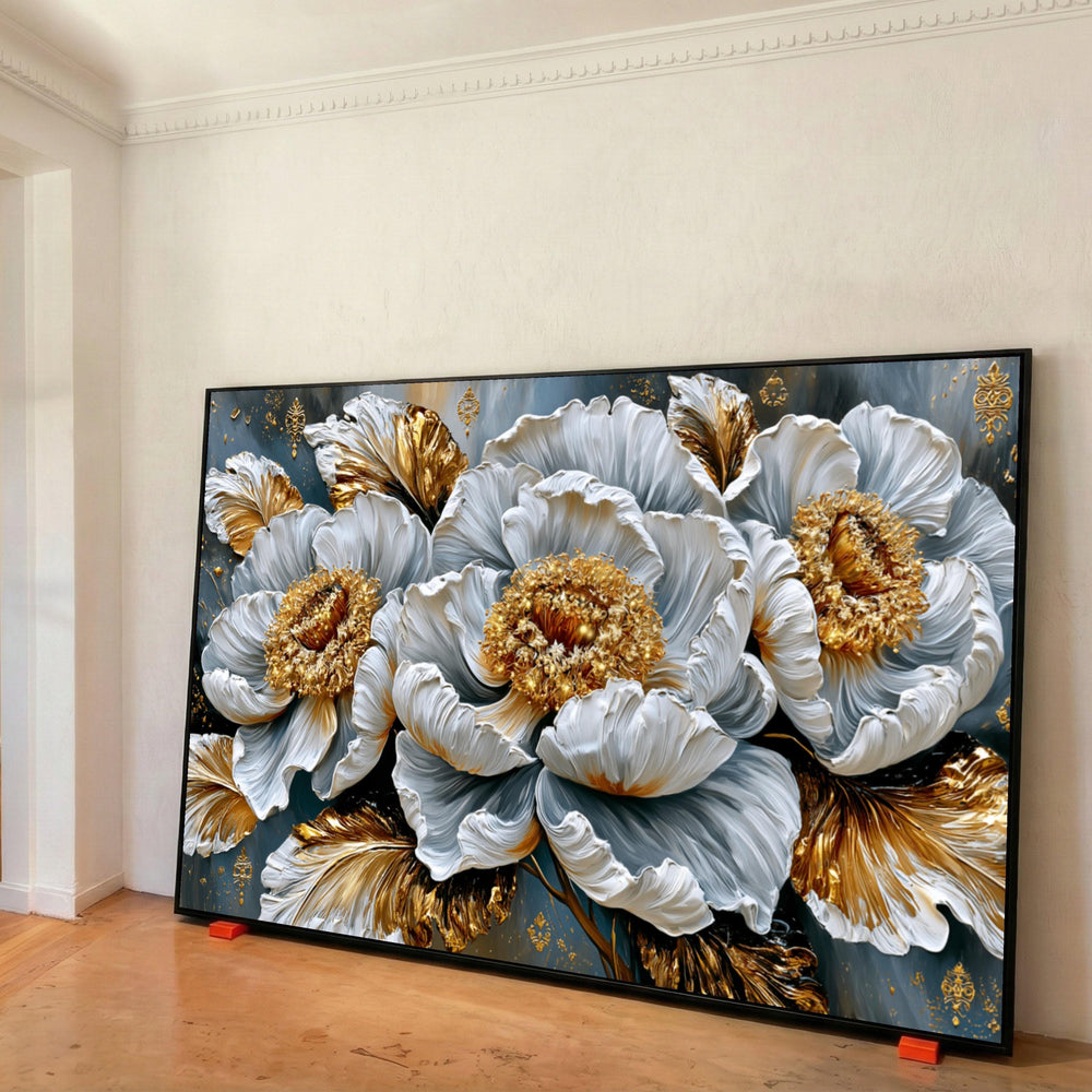 Elegant White and Gold Floral Canvas, Luxury Flower Wall Art, Modern Home Decoration, Large Bloom Canvas Print, Ready to Hang Print Art