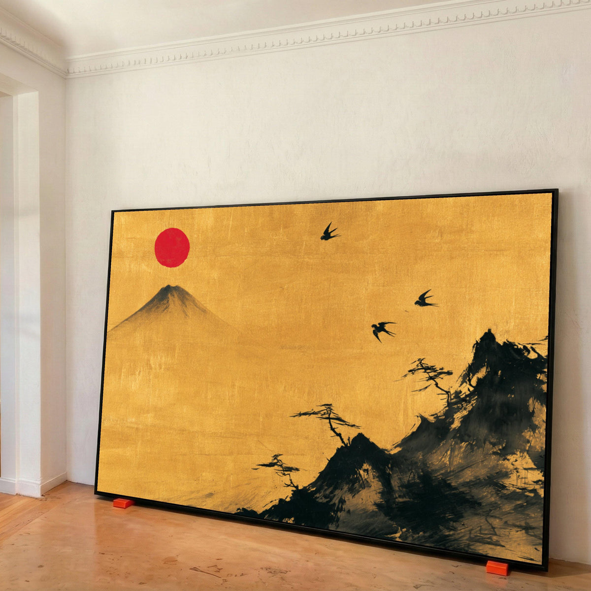 Japanese Mountain Landscape Canvas, Minimalist Sunset Wall Art, Red Sun and Birds, Asian Nature Scene, Elegant Home Decoration Print Art