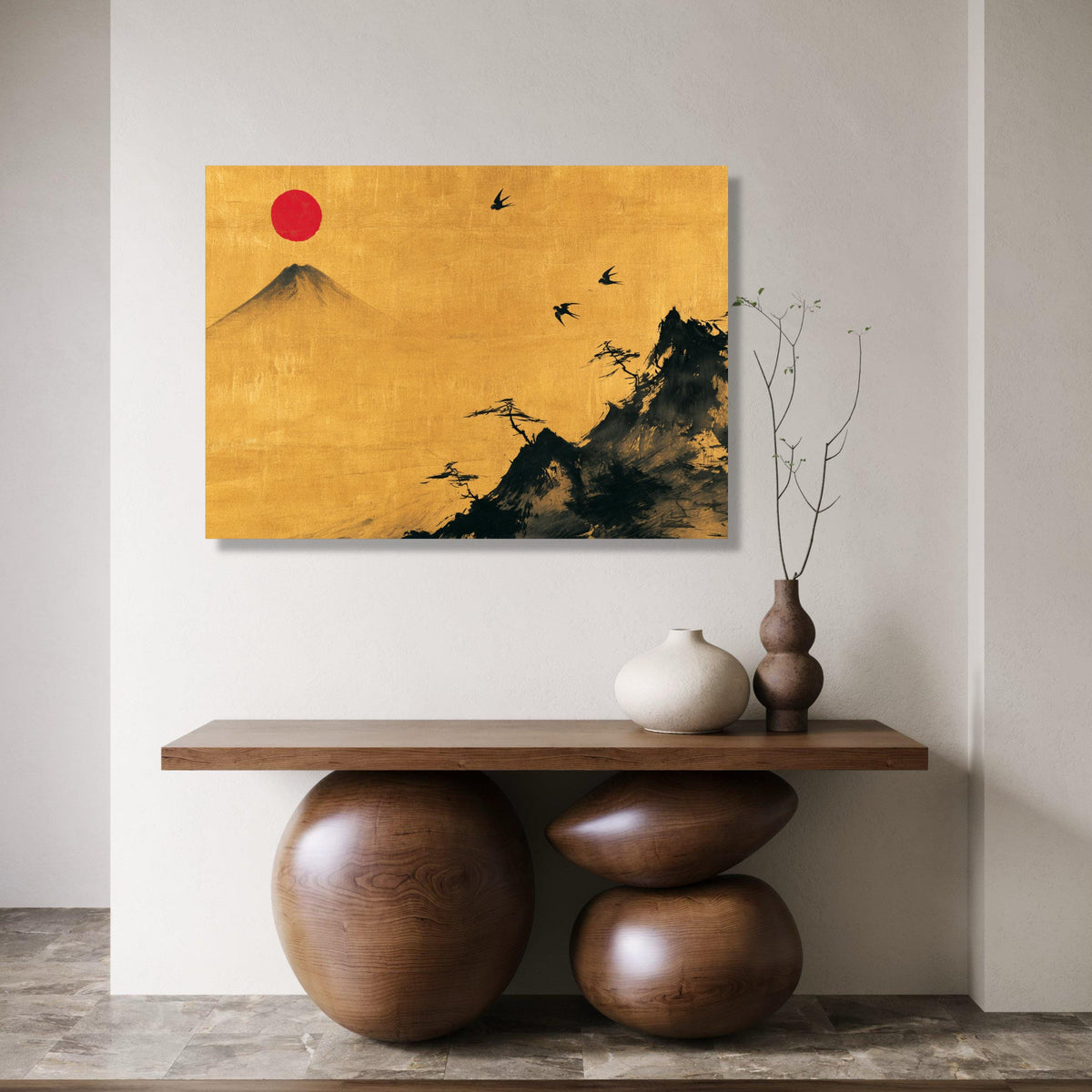 Japanese Mountain Landscape Canvas, Minimalist Sunset Wall Art, Red Sun and Birds, Asian Nature Scene, Elegant Home Decoration Print Art