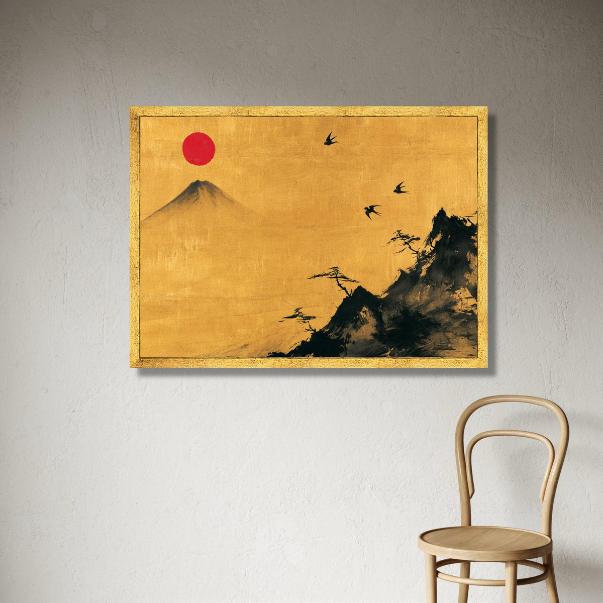 Japanese Mountain Landscape Canvas, Minimalist Sunset Wall Art, Red Sun and Birds, Asian Nature Scene, Elegant Home Decoration Print Art