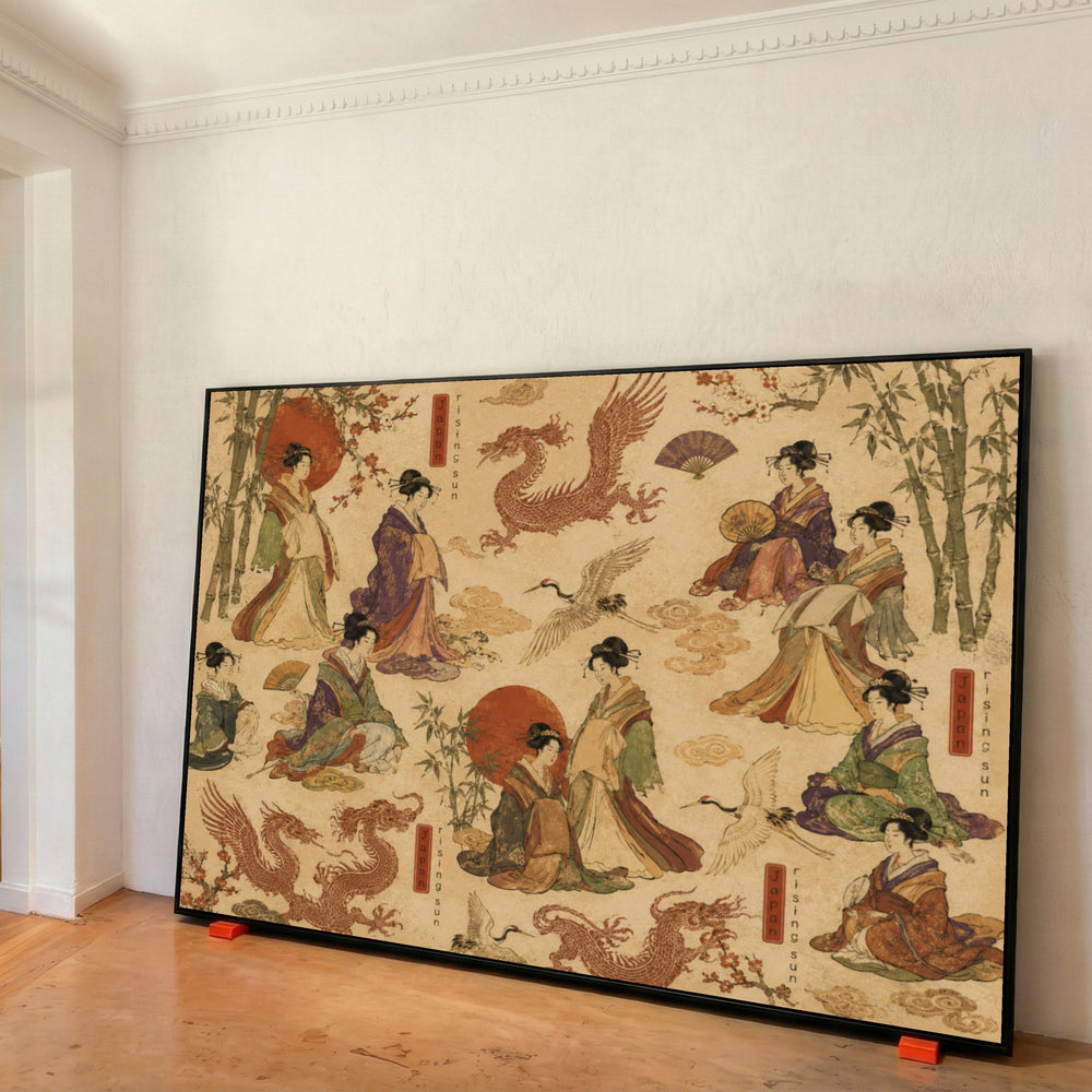 Traditional Japanese Geisha Art, Rising Sun Canvas, Asian Crane and Dragon Design, Bamboo and Cherry Blossom, Vintage Style Wall Print Art