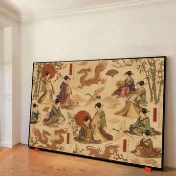 Traditional Japanese Geisha Art, Rising Sun Canvas, Asian Crane and Dragon Design, Bamboo and Cherry Blossom, Vintage Style Wall Print Art