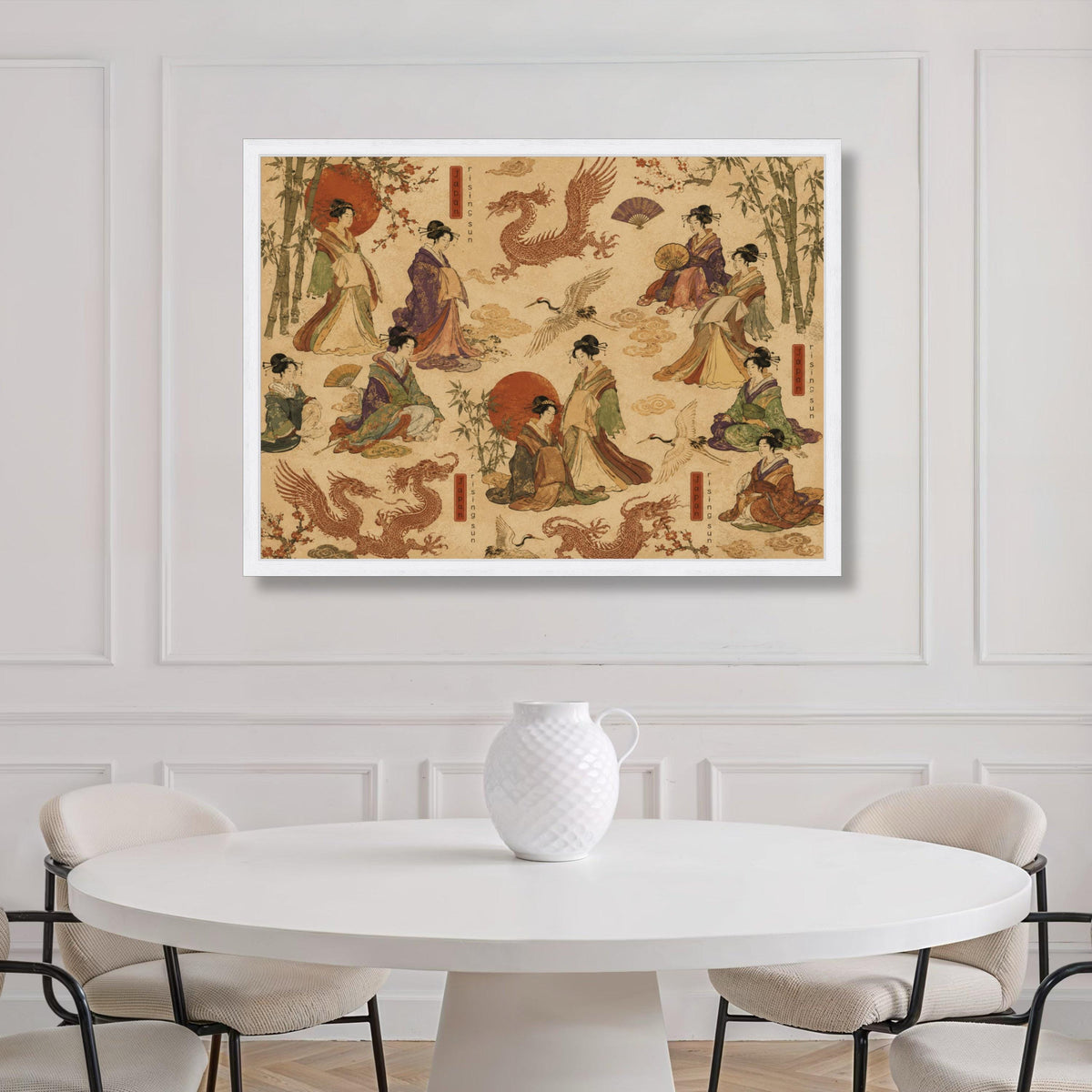 Traditional Japanese Geisha Art, Rising Sun Canvas, Asian Crane and Dragon Design, Bamboo and Cherry Blossom, Vintage Style Wall Print Art