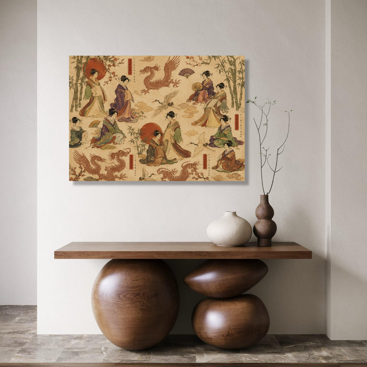 Traditional Japanese Geisha Art, Rising Sun Canvas, Asian Crane and Dragon Design, Bamboo and Cherry Blossom, Vintage Style Wall Print Art
