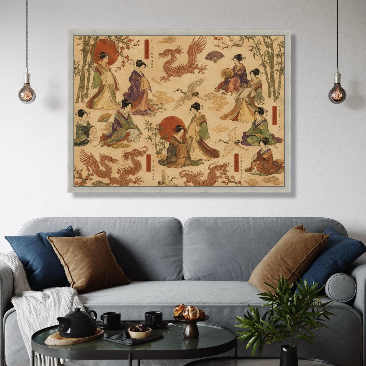 Traditional Japanese Geisha Art, Rising Sun Canvas, Asian Crane and Dragon Design, Bamboo and Cherry Blossom, Vintage Style Wall Print Art