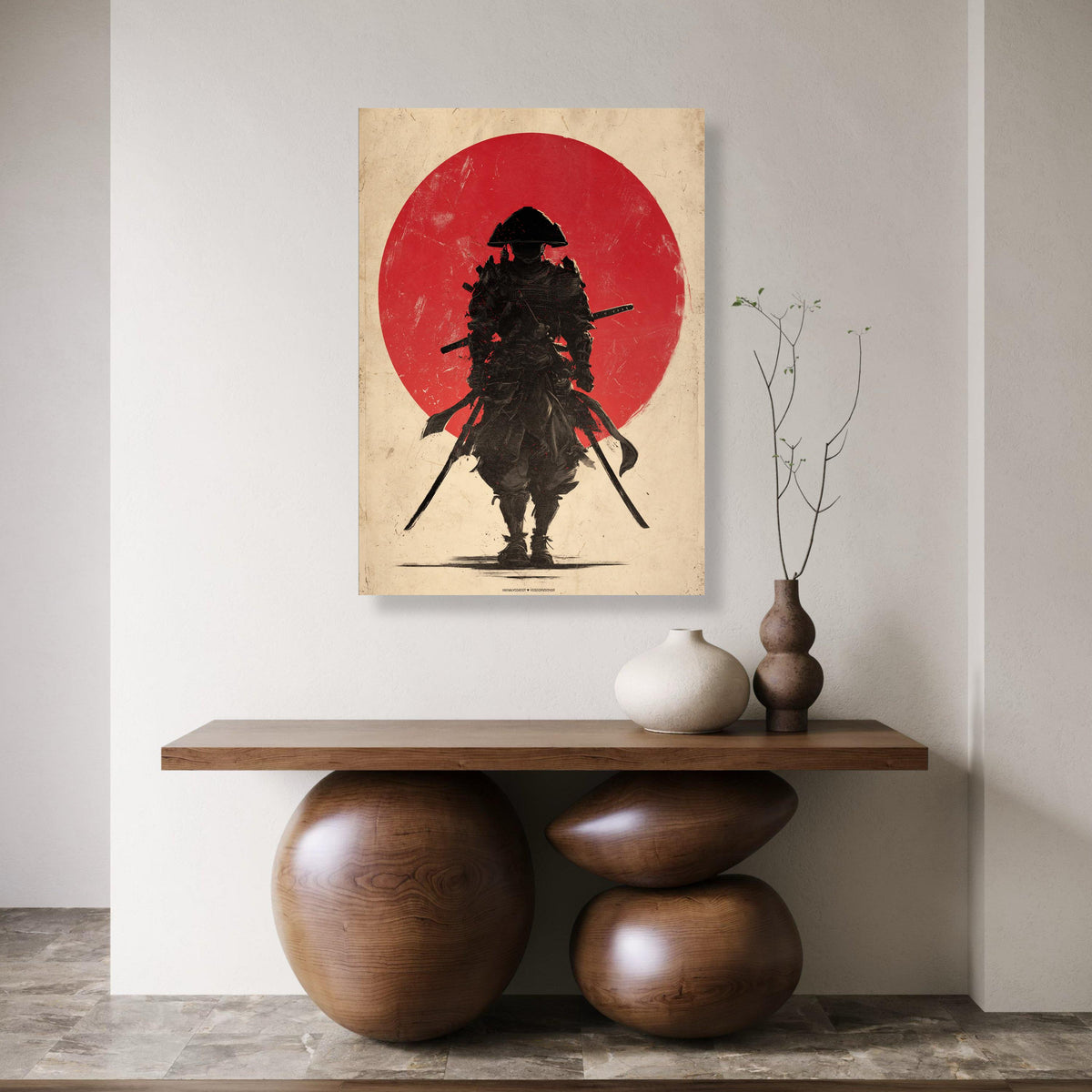 Lone Samurai Warrior Canvas, Red Sun Background, Japanese Sword Art, Feudal Japan Wall Art, Bold Martial Scene, Ready to Hang Print Art