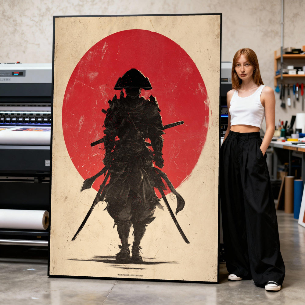 Lone Samurai Warrior Canvas, Red Sun Background, Japanese Sword Art, Feudal Japan Wall Art, Bold Martial Scene, Ready to Hang Print Art