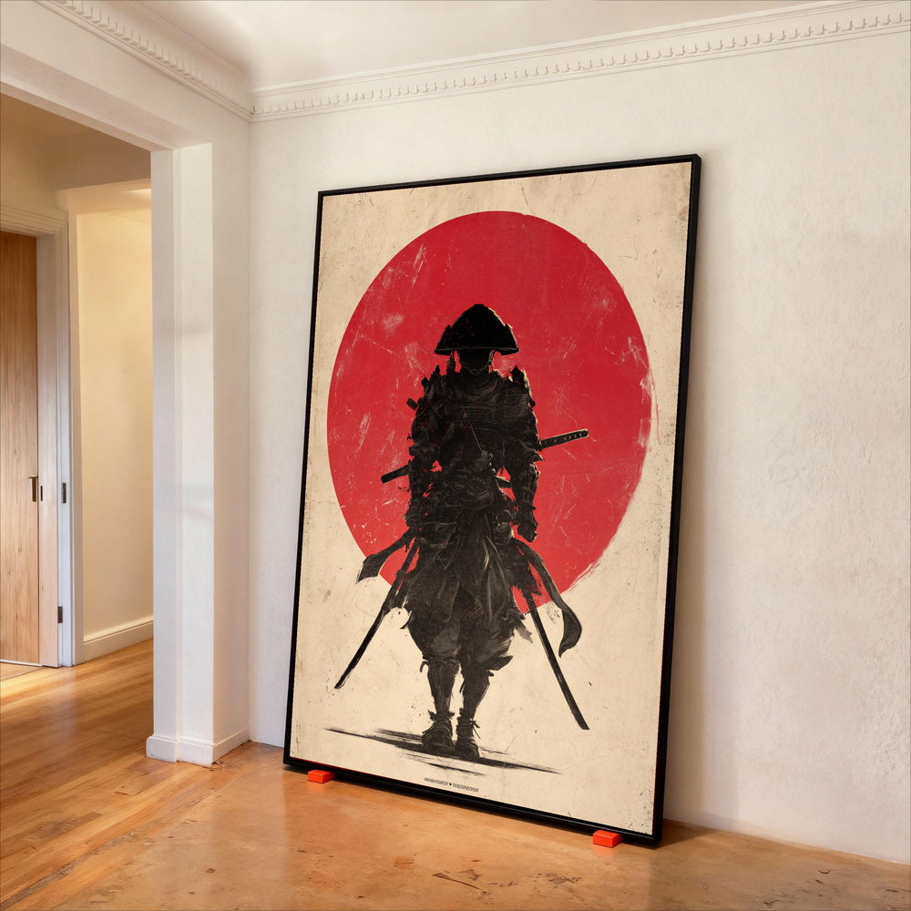 Lone Samurai Warrior Canvas, Red Sun Background, Japanese Sword Art, Feudal Japan Wall Art, Bold Martial Scene, Ready to Hang Print Art