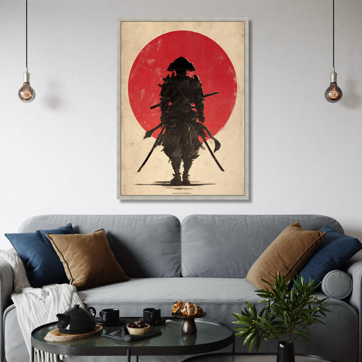 Lone Samurai Warrior Canvas, Red Sun Background, Japanese Sword Art, Feudal Japan Wall Art, Bold Martial Scene, Ready to Hang Print Art