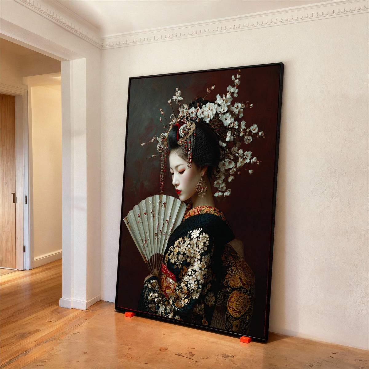 Elegant Geisha Portrait Canvas, Japanese Traditional Dress Wall Art, Floral Hairpiece Decoration, Asian Culture Canvas, Ready to Print Art