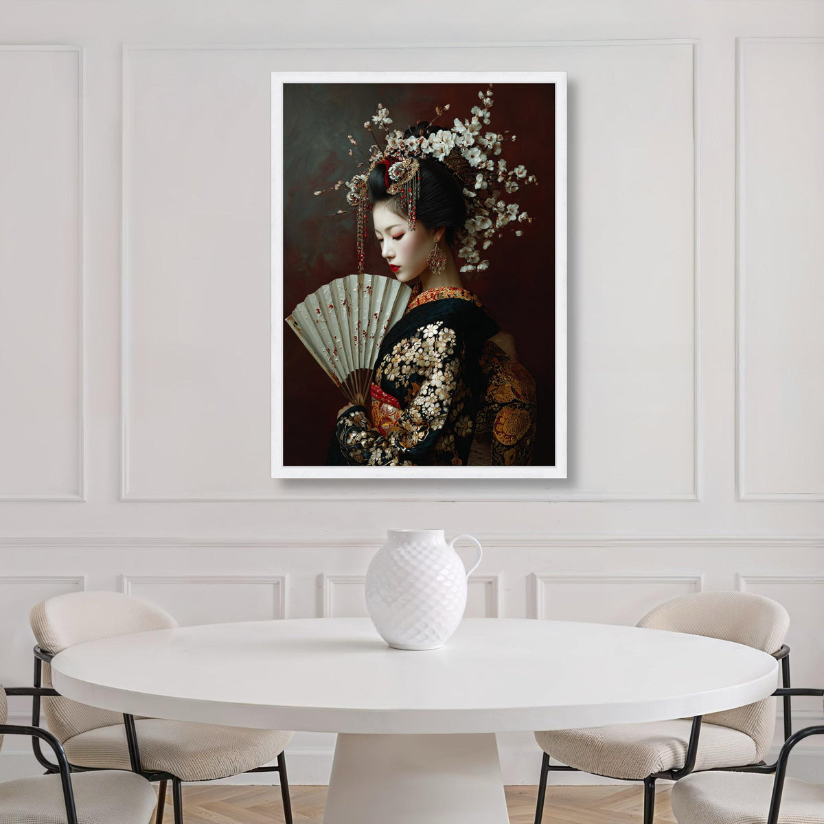 Elegant Geisha Portrait Canvas, Japanese Traditional Dress Wall Art, Floral Hairpiece Decoration, Asian Culture Canvas, Ready to Print Art