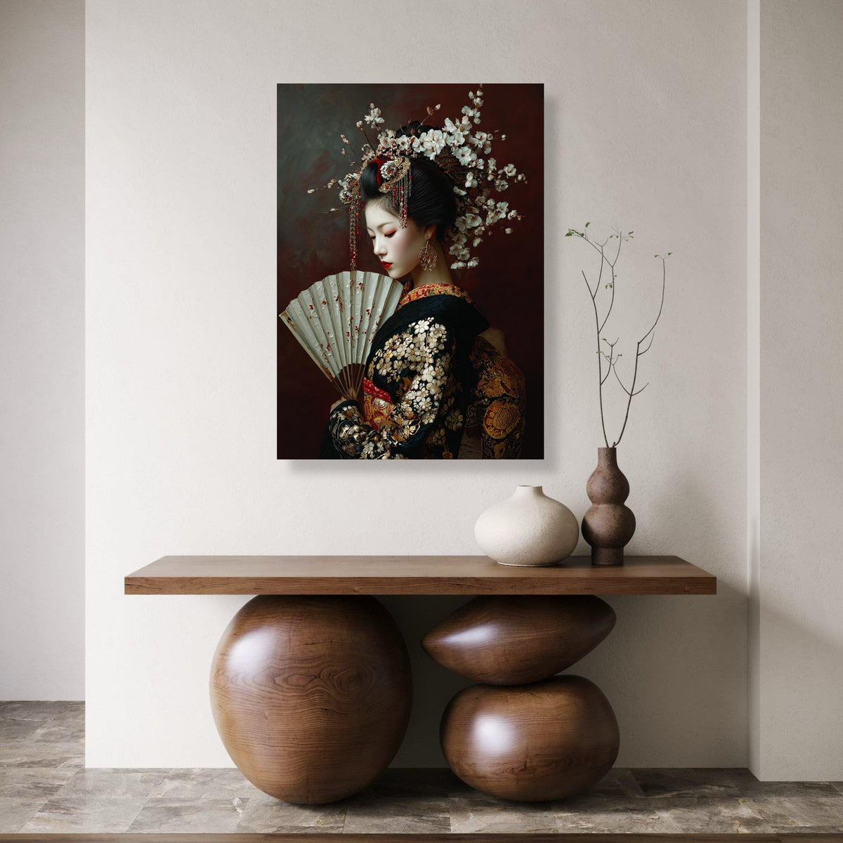 Elegant Geisha Portrait Canvas, Japanese Traditional Dress Wall Art, Floral Hairpiece Decoration, Asian Culture Canvas, Ready to Print Art