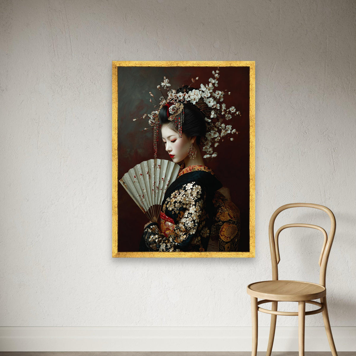Elegant Geisha Portrait Canvas, Japanese Traditional Dress Wall Art, Floral Hairpiece Decoration, Asian Culture Canvas, Ready to Print Art