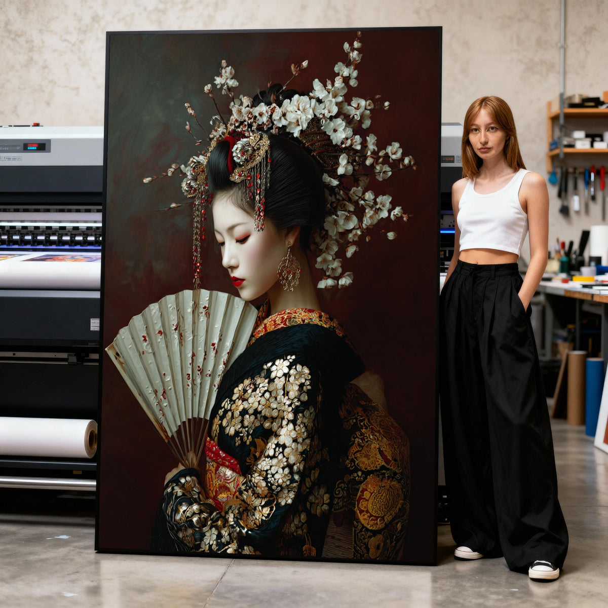 Elegant Geisha Portrait Canvas, Japanese Traditional Dress Wall Art, Floral Hairpiece Decoration, Asian Culture Canvas, Ready to Print Art