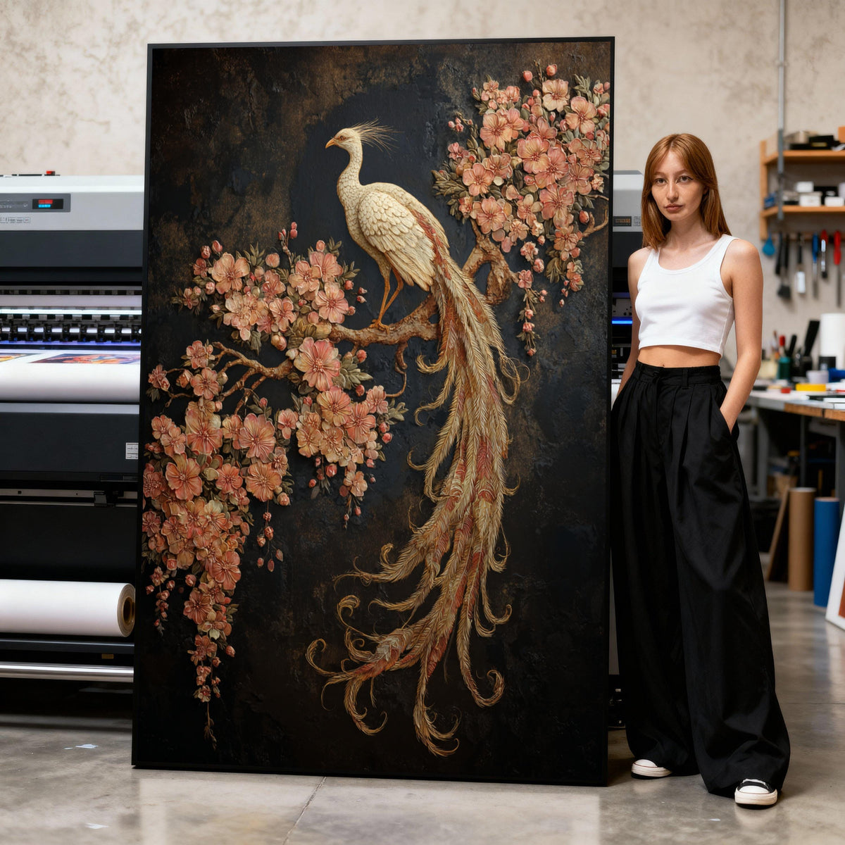 Elegant White Phoenix Canvas Wall Art, Floral Cherry Blossom Branch, Exquisite Bird Decoration, Nature-Inspired Wall Hanging, Home Print Art