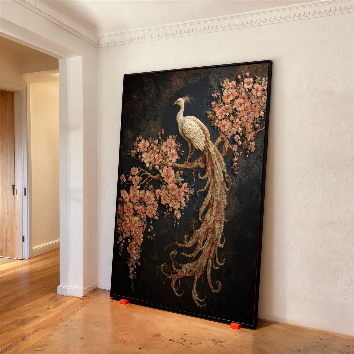 Elegant White Phoenix Canvas Wall Art, Floral Cherry Blossom Branch, Exquisite Bird Decoration, Nature-Inspired Wall Hanging, Home Print Art