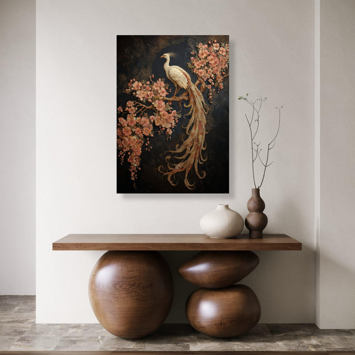 Elegant White Phoenix Canvas Wall Art, Floral Cherry Blossom Branch, Exquisite Bird Decoration, Nature-Inspired Wall Hanging, Home Print Art