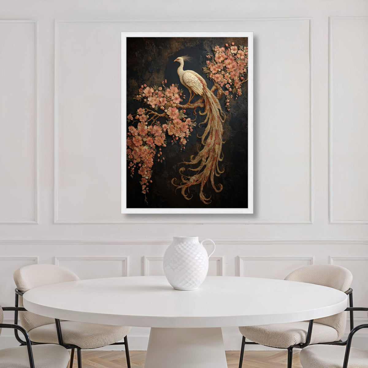 Elegant White Phoenix Canvas Wall Art, Floral Cherry Blossom Branch, Exquisite Bird Decoration, Nature-Inspired Wall Hanging, Home Print Art