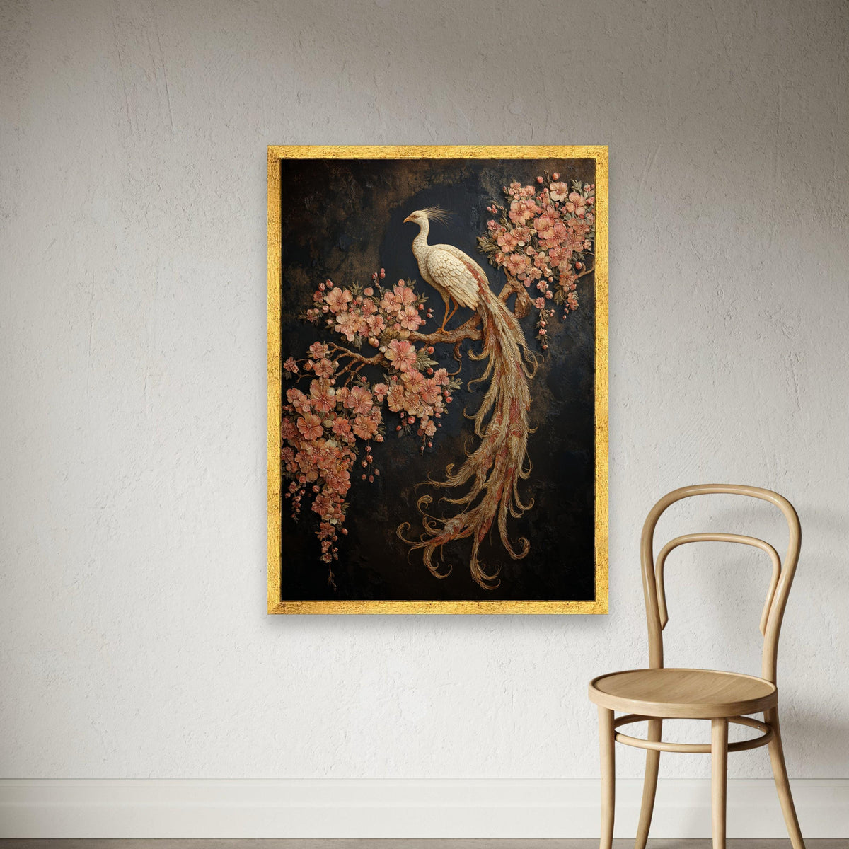 Elegant White Phoenix Canvas Wall Art, Floral Cherry Blossom Branch, Exquisite Bird Decoration, Nature-Inspired Wall Hanging, Home Print Art