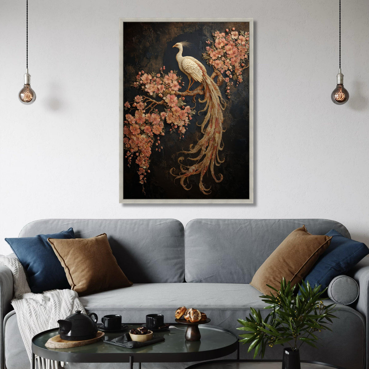 Elegant White Phoenix Canvas Wall Art, Floral Cherry Blossom Branch, Exquisite Bird Decoration, Nature-Inspired Wall Hanging, Home Print Art