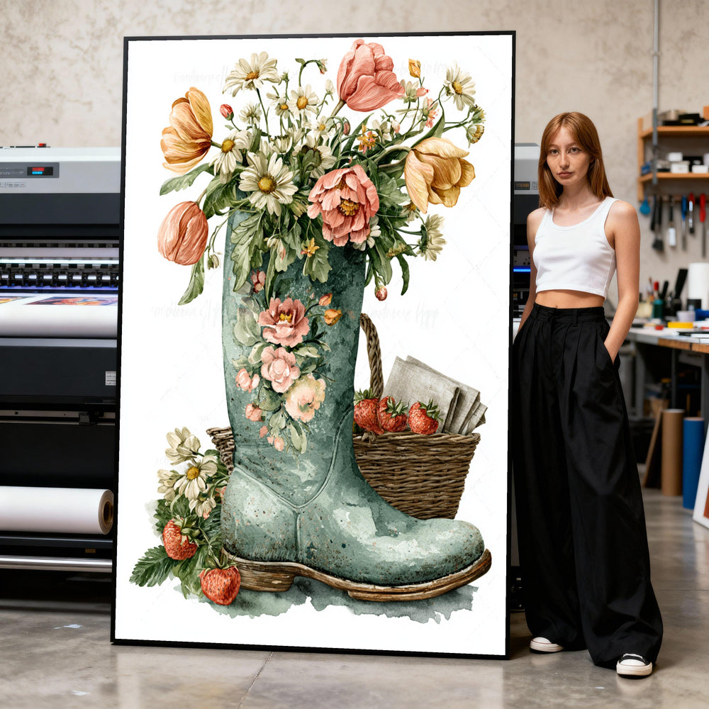 Vintage Garden Boot with Wildflowers Canvas, Rustic Floral Wall Art, Country Home Decor, Springtime Canvas Decoration Print Art