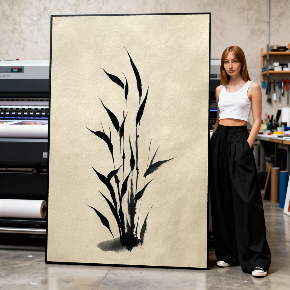 Minimalist Bamboo Plant Canvas, Black Ink Brush Wall Art, Asian Style Botanical Print, Zen Home Decoration, Simple Nature Canvas Print Art