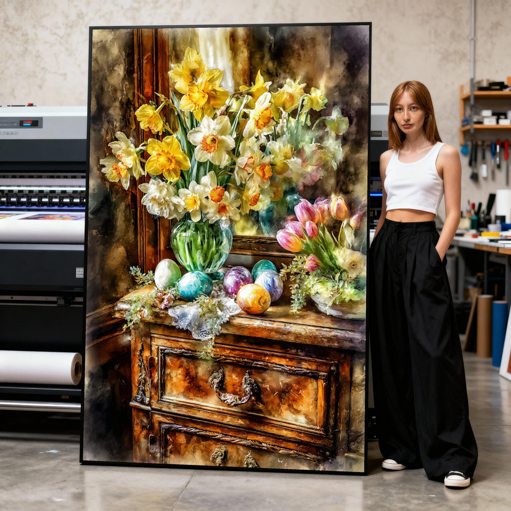 Spring Daffodils and Tulips Canvas, Easter Decor Canvas Wall Art, Colorful Floral Still Life, Vintage Wooden Dresser Painting, Print Art
