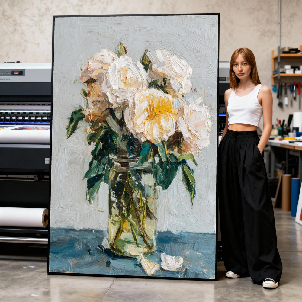 Elegant White Roses Bouquet Canvas, Floral Still Life Wall Art, Jar Vase Flower Painting, Classic Home Decoration Canvas Print Art