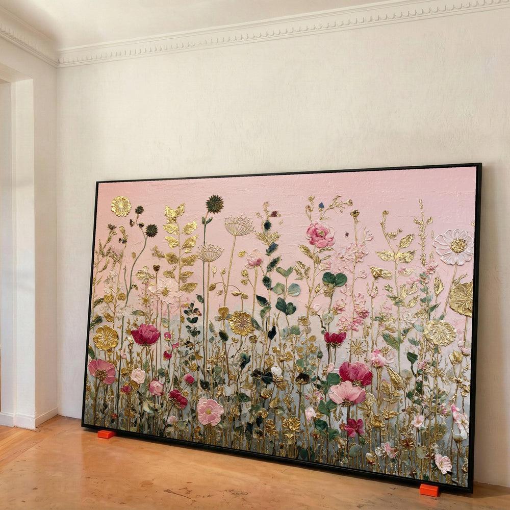 Elegant Floral Field Canvas Wall Art, Pink Gold Wildflowers, Botanical Garden Decor, Luxury Nature Canvas, Ready to Hang Wall Print Art