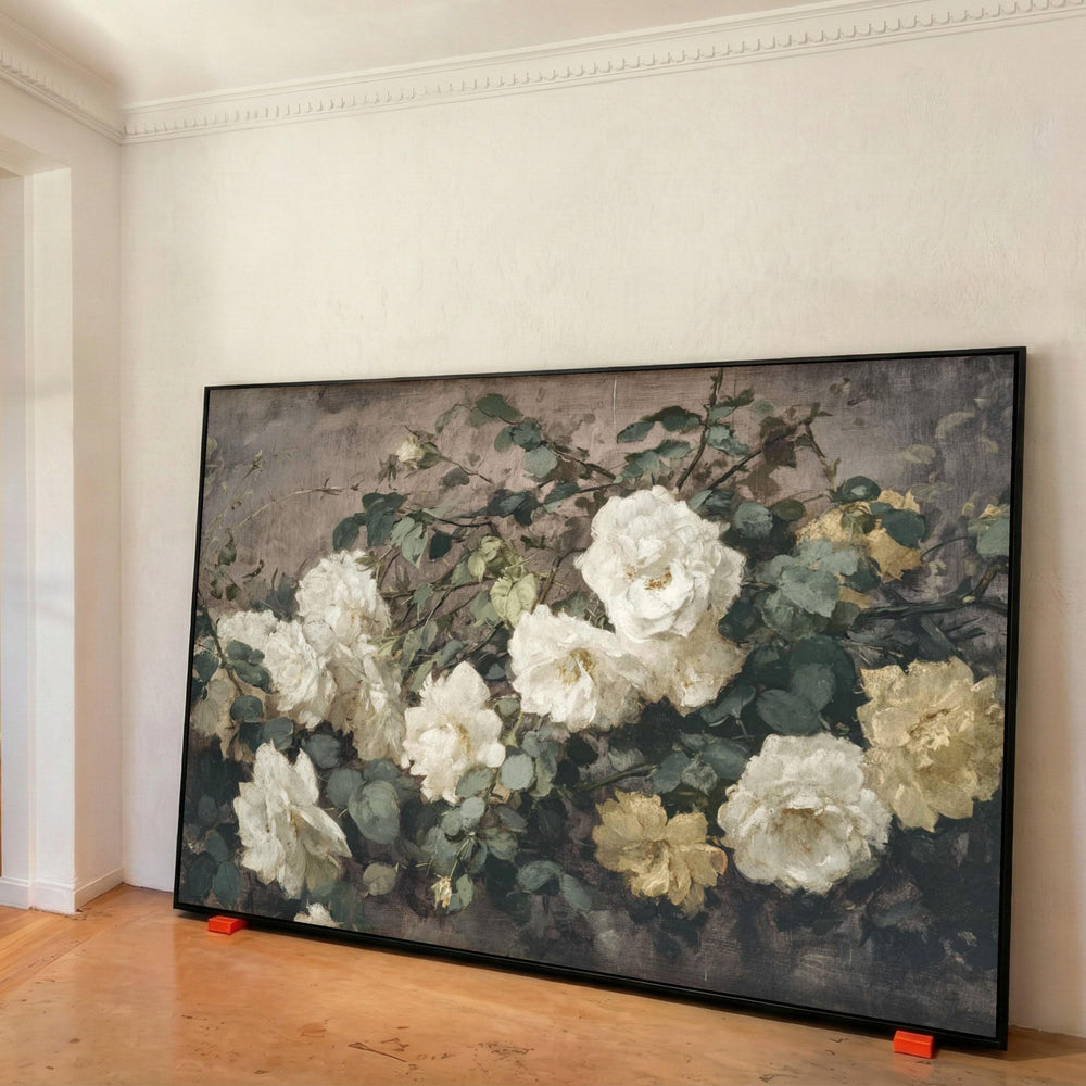 White and Yellow Roses Canvas, Vintage Floral Wall Art, Romantic Garden Bouquet, Classic Flower Painting, Elegant Home Decoration Print Art