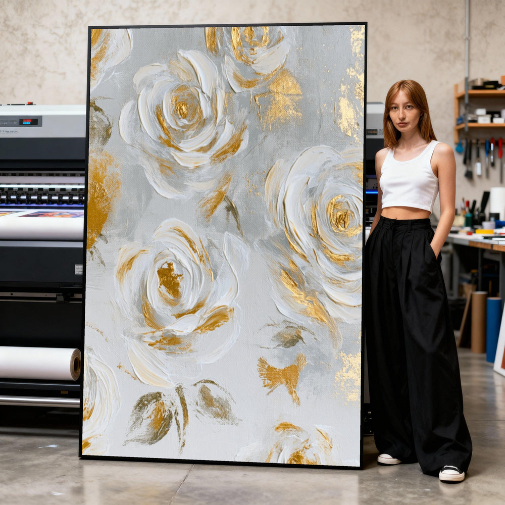 Elegant White and Gold Rose Canvas Wall Art, Floral Painting Canvas, Modern Home Decoration, Luxury Flower Canvas, Ready to Hang Print Art