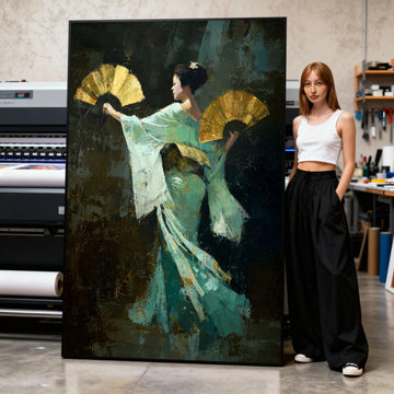Elegant Asian Dancer with Golden Fans, Traditional Costume Canvas, Cultural Wall Art, Graceful Movement Canvas, Home Decor Print Art