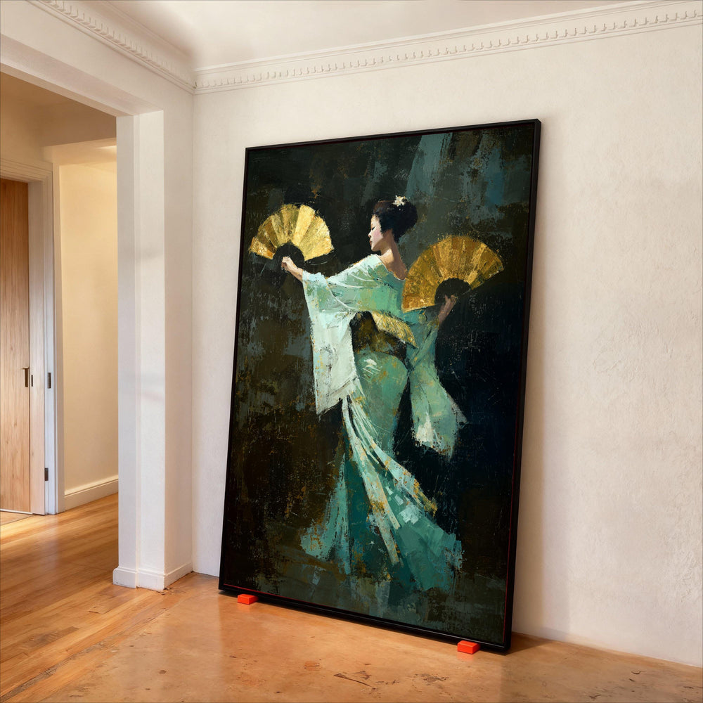 Elegant Asian Dancer with Golden Fans, Traditional Costume Canvas, Cultural Wall Art, Graceful Movement Canvas, Home Decor Print Art