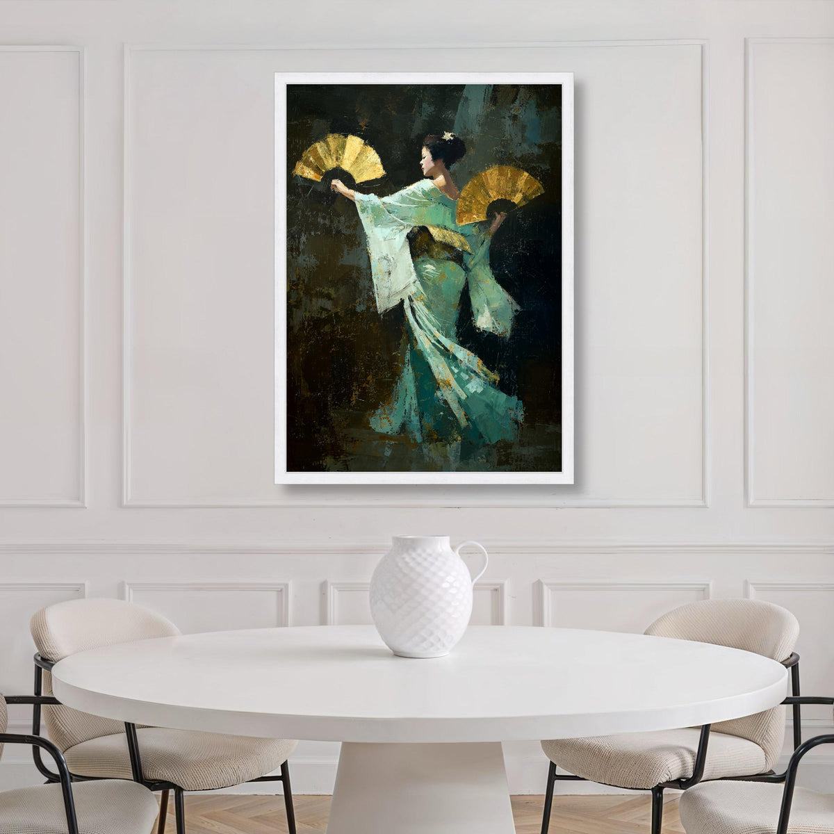 Elegant Asian Dancer with Golden Fans, Traditional Costume Canvas, Cultural Wall Art, Graceful Movement Canvas, Home Decor Print Art
