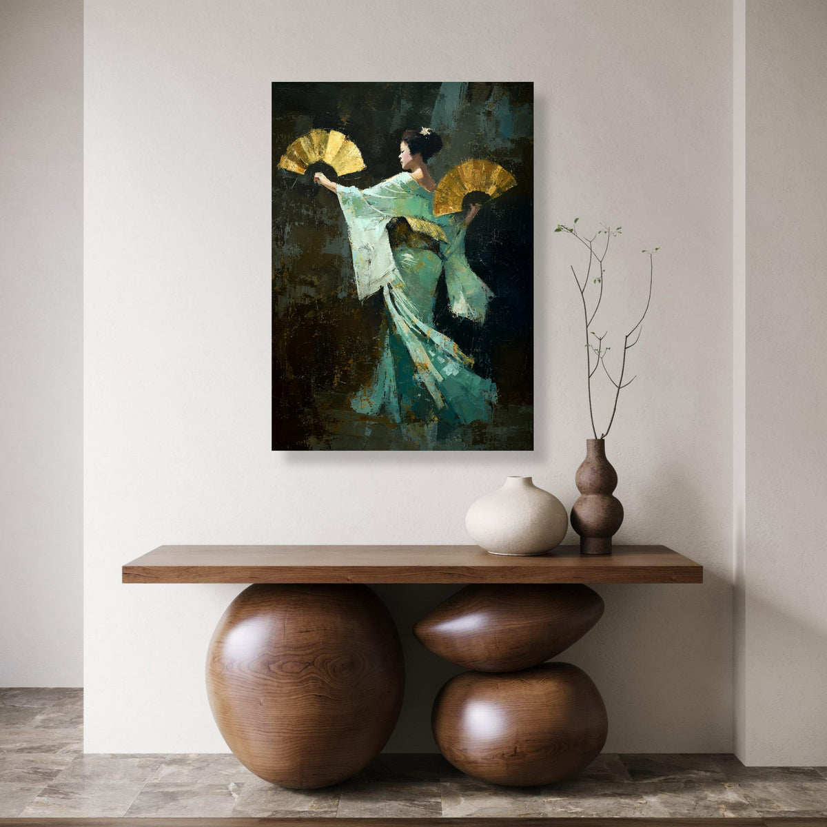 Elegant Asian Dancer with Golden Fans, Traditional Costume Canvas, Cultural Wall Art, Graceful Movement Canvas, Home Decor Print Art