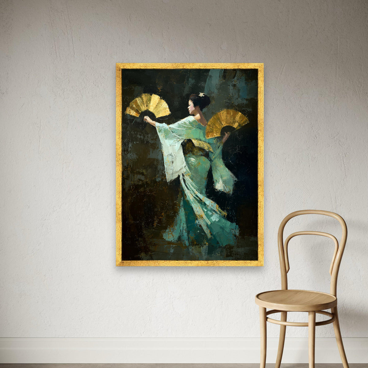 Elegant Asian Dancer with Golden Fans, Traditional Costume Canvas, Cultural Wall Art, Graceful Movement Canvas, Home Decor Print Art