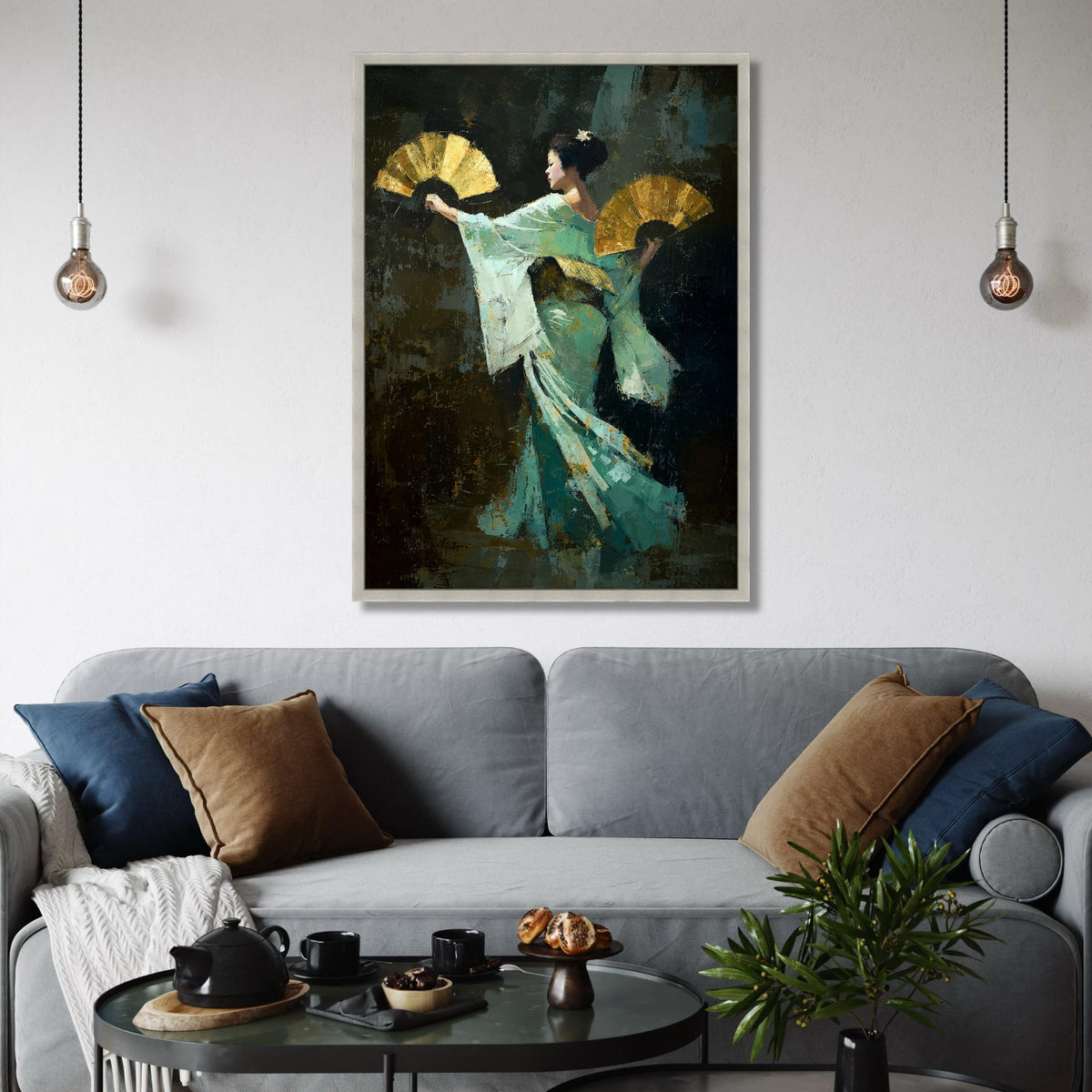 Elegant Asian Dancer with Golden Fans, Traditional Costume Canvas, Cultural Wall Art, Graceful Movement Canvas, Home Decor Print Art