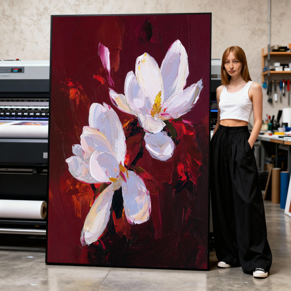 White Magnolia Blossoms Canvas, Floral Wall Art, Elegant Flower Painting, Deep Red Background Canvas, Modern Botanical Decor, Print Art