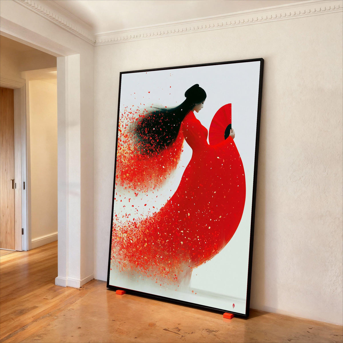 Graceful Asian Woman Red Dress Canvas, Elegant Fan Art, Contemporary Female Portrait, Floral Petal Effect Wall Art, Modern Home Print Art
