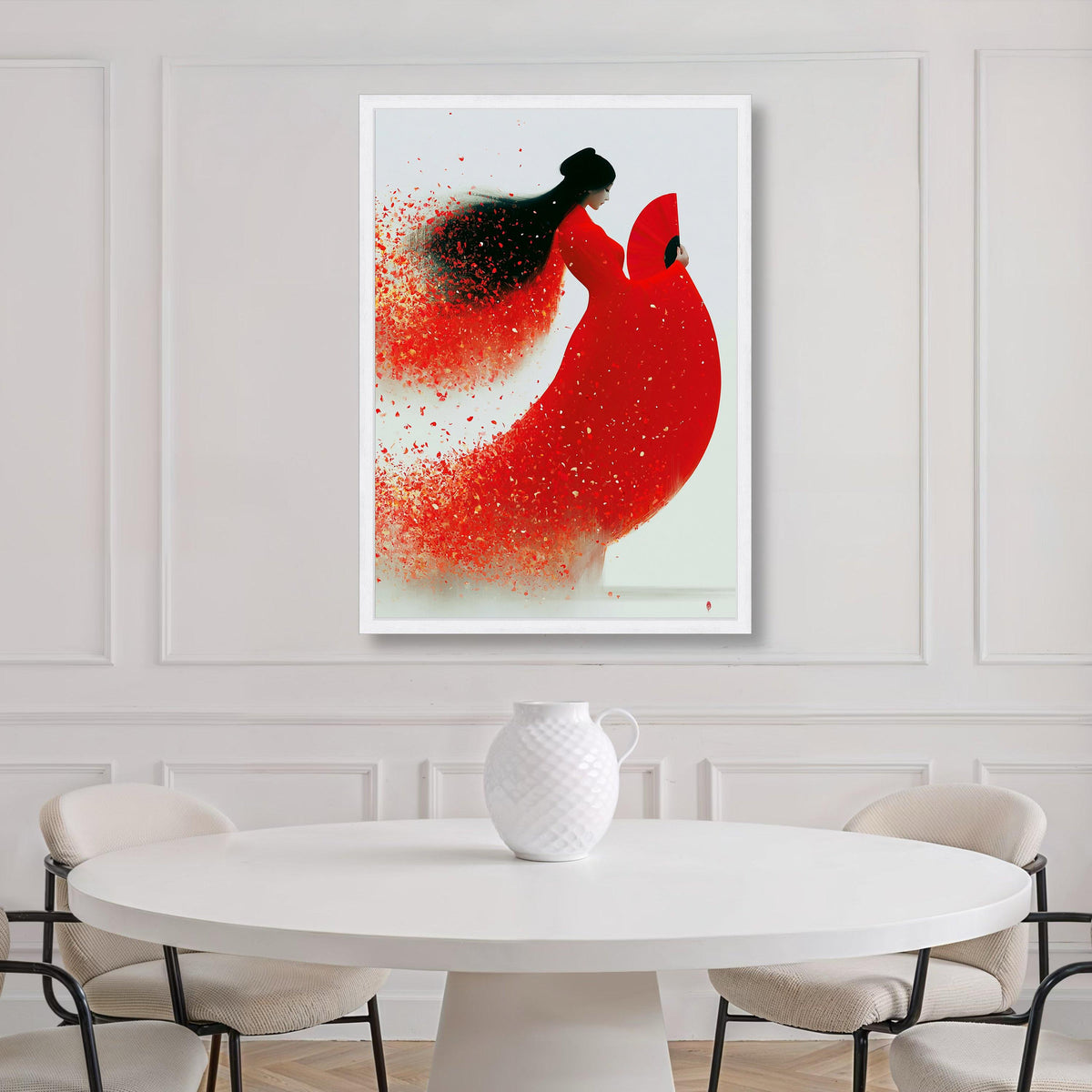 Graceful Asian Woman Red Dress Canvas, Elegant Fan Art, Contemporary Female Portrait, Floral Petal Effect Wall Art, Modern Home Print Art