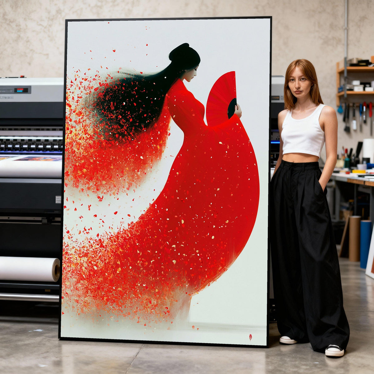Graceful Asian Woman Red Dress Canvas, Elegant Fan Art, Contemporary Female Portrait, Floral Petal Effect Wall Art, Modern Home Print Art